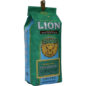 Angled view of one green, eight ounce bag of Lion coconut flavoured ground coffee, enriched with kona fruit antioxidants.