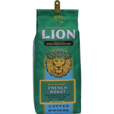 front view of one green, eight ounce bag of Lion french roast ground coffee, enriched with coffee fruit Enhanced .