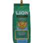 front view of one green, eight ounce bag of Lion french roast ground coffee, enriched with coffee fruit Enhanced .