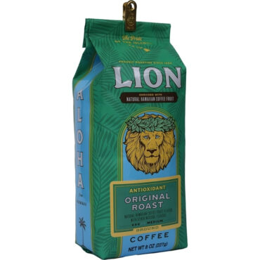 Angled view of one green, eight ounce bag of Lion original roast ground coffee, enriched with kona fruit antioxidants.