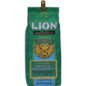 front view of one green, eight ounce bag of Lion vanilla macadamia flavoured ground coffee, enriched with kona fruit antioxidants.