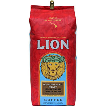 Front view of one bag of Lion Diamond Head Roast 10 percent Hawaiian whole bean coffee 24 oz