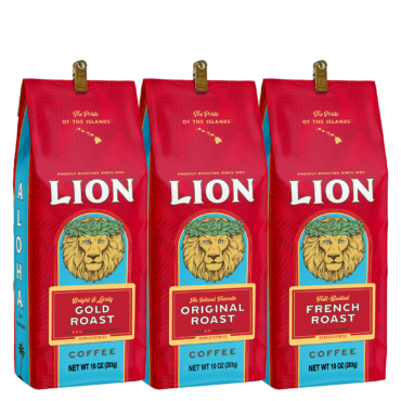 Three bags of Lion Coffee. Lion Original whole bean coffee, Lion Gold whole bean coffee, Lion French whole bean coffee