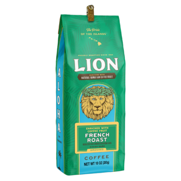 Angled view of one green, eight ounce bag of Lion french roast ground coffee, enriched with kona fruit antioxidants.