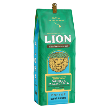 front view of one green, eight ounce bag of Lion coconut flavoured ground coffee, enriched with kona fruit antioxidants.