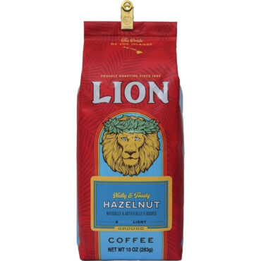 One 10 ounce bag of Lion Hazelnut Flavored Coffee