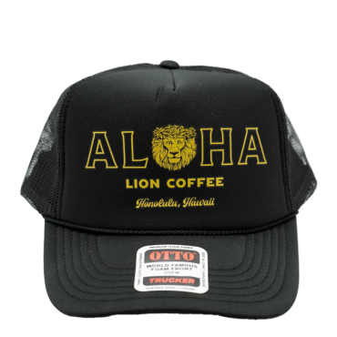 Front of Aloha Lion Trucker Hat - black with gold logo