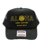 Front of Aloha Lion Trucker Hat - black with gold logo