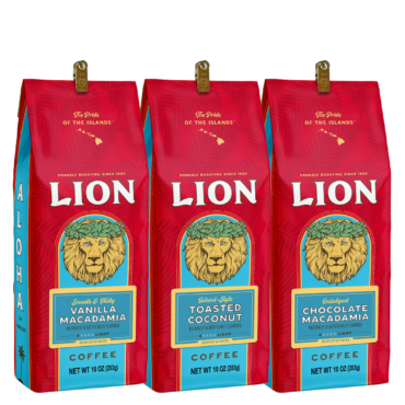 Three ten ounce bags of ground coffee including Lion toasted coconut, Lion Vanilla macadamia and Lion Chocolate Macadamia