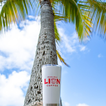 Lion 20oz tumbler with lid and Lion Coffee logo in front of a palm tree