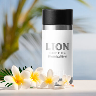 Yeti hotshot 12oz tumbler in white with Lion Logo with hibiscus